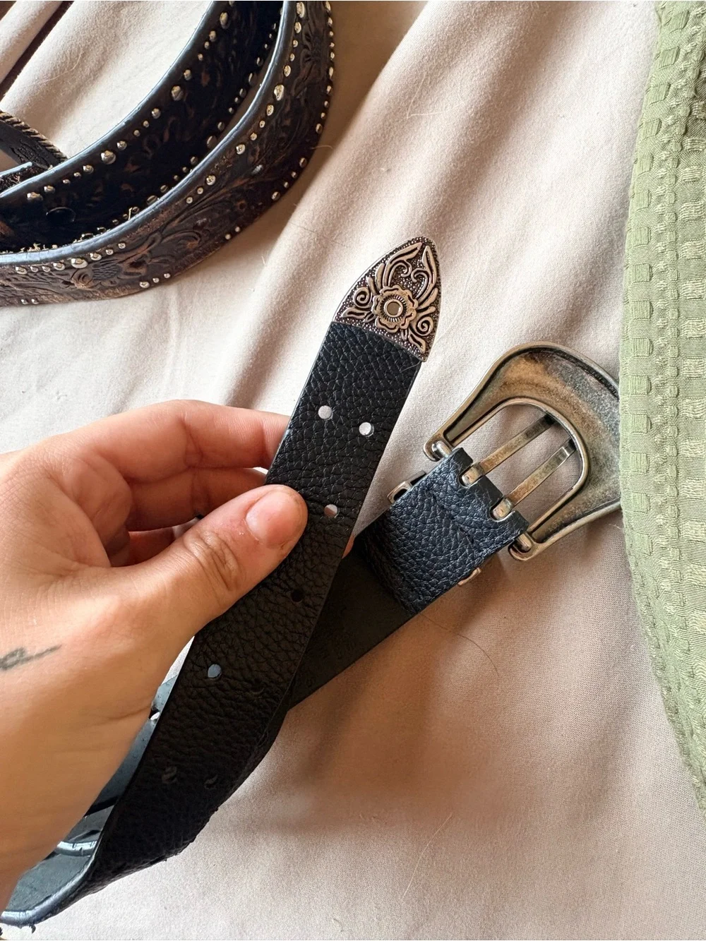 Women's Black Textured Leather Belt with Engraved Silver Buckle